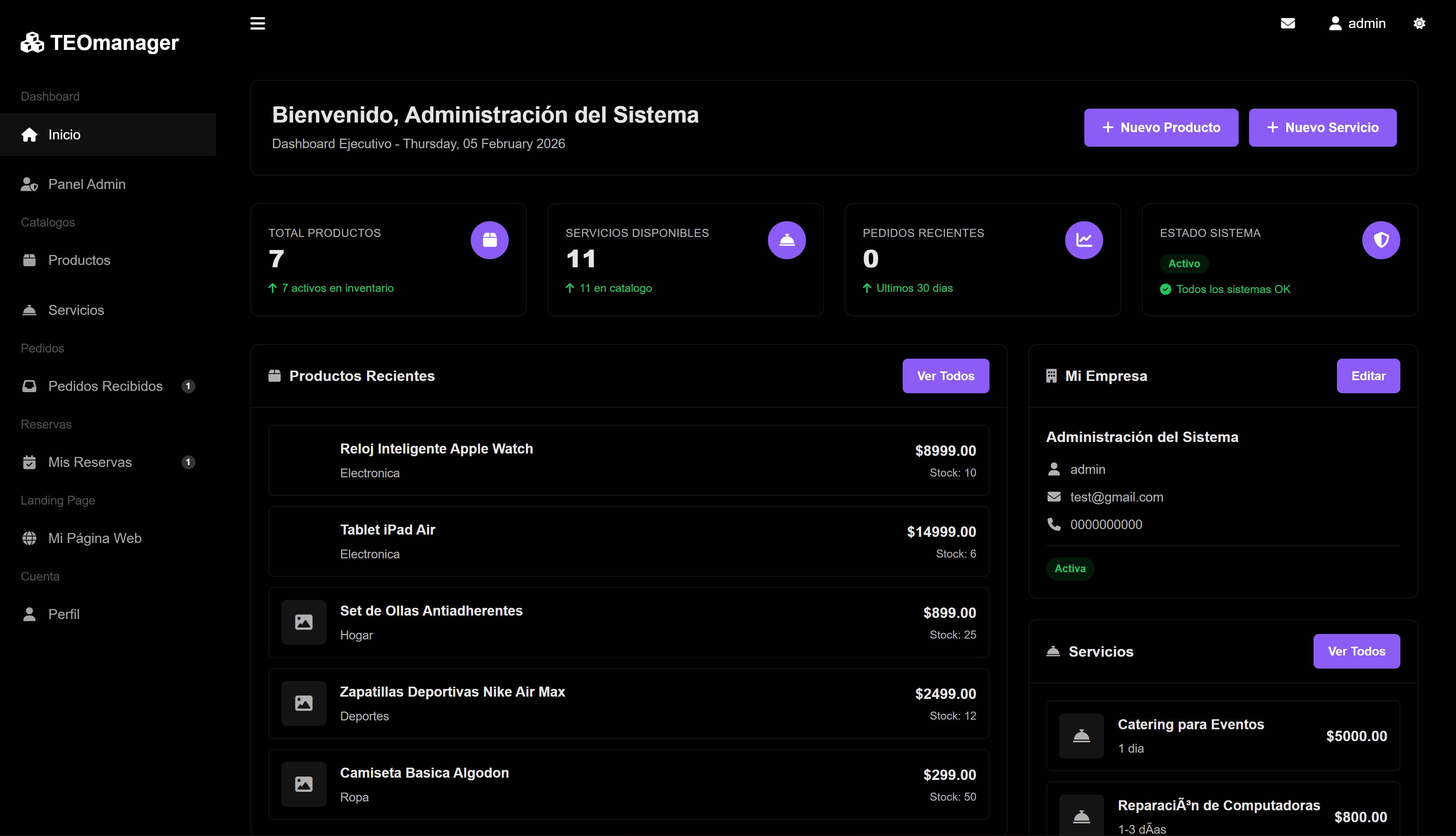 Panel Zeriux - modo oscuro